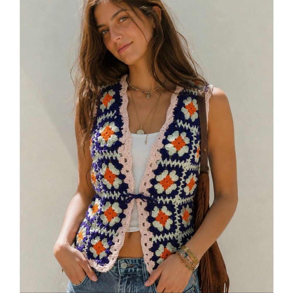 Vintage 70s Style Handmade Crochet Granny Square Vest Boho Hippie Festival Top